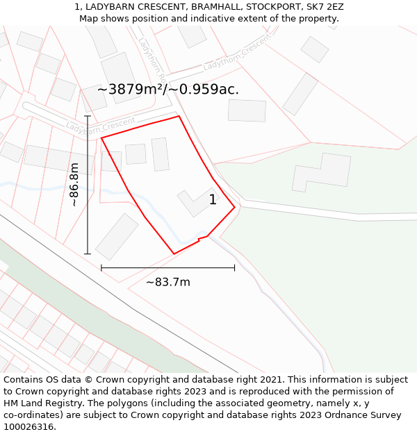 1, LADYBARN CRESCENT, BRAMHALL, STOCKPORT, SK7 2EZ: Plot and title map