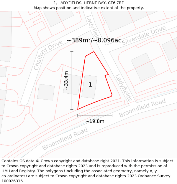 1, LADYFIELDS, HERNE BAY, CT6 7BF: Plot and title map