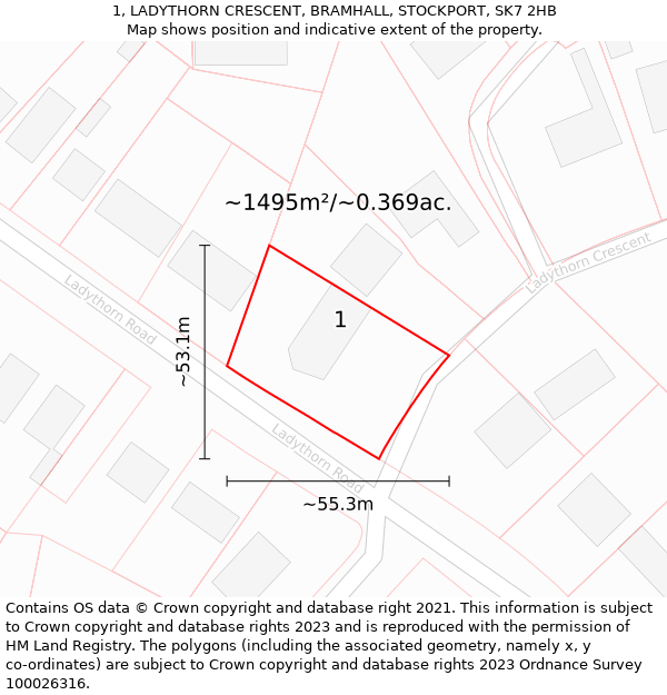 1, LADYTHORN CRESCENT, BRAMHALL, STOCKPORT, SK7 2HB: Plot and title map