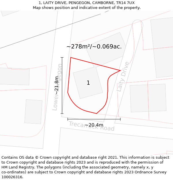 1, LAITY DRIVE, PENGEGON, CAMBORNE, TR14 7UX: Plot and title map