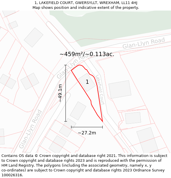 1, LAKEFIELD COURT, GWERSYLLT, WREXHAM, LL11 4HJ: Plot and title map