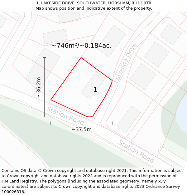 1, LAKESIDE DRIVE, SOUTHWATER, HORSHAM, RH13 9TR: Plot and title map