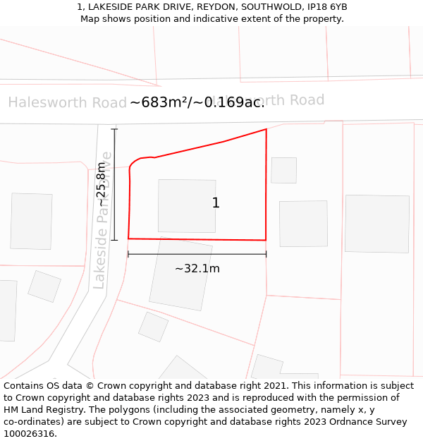 1, LAKESIDE PARK DRIVE, REYDON, SOUTHWOLD, IP18 6YB: Plot and title map