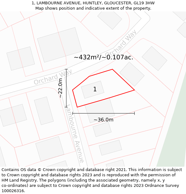 1, LAMBOURNE AVENUE, HUNTLEY, GLOUCESTER, GL19 3HW: Plot and title map