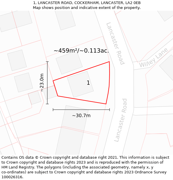 1, LANCASTER ROAD, COCKERHAM, LANCASTER, LA2 0EB: Plot and title map