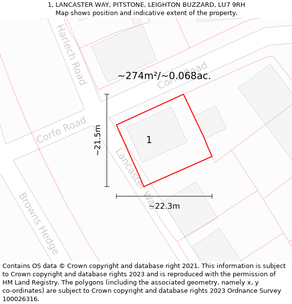 1, LANCASTER WAY, PITSTONE, LEIGHTON BUZZARD, LU7 9RH: Plot and title map