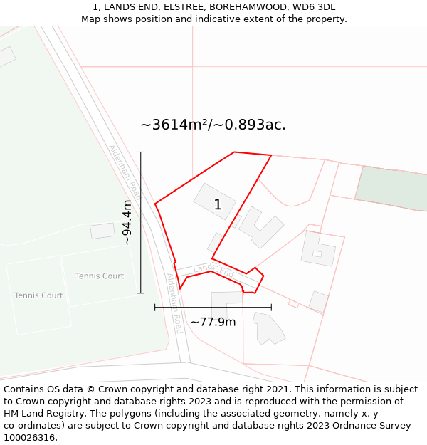 1, LANDS END, ELSTREE, BOREHAMWOOD, WD6 3DL: Plot and title map