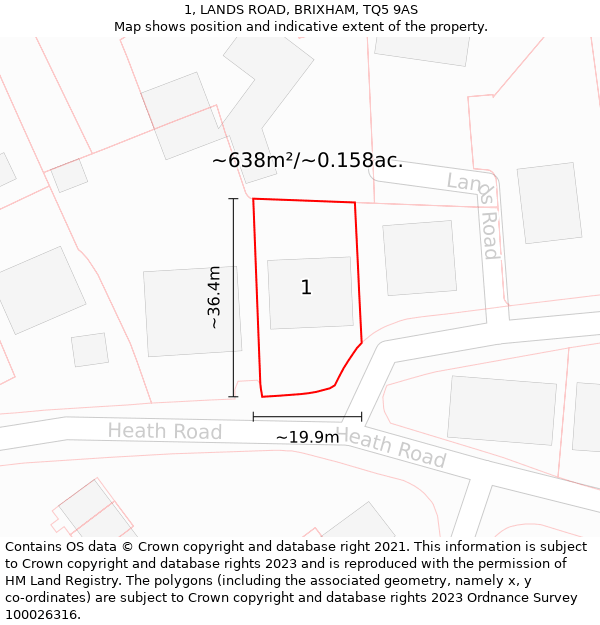 1, LANDS ROAD, BRIXHAM, TQ5 9AS: Plot and title map