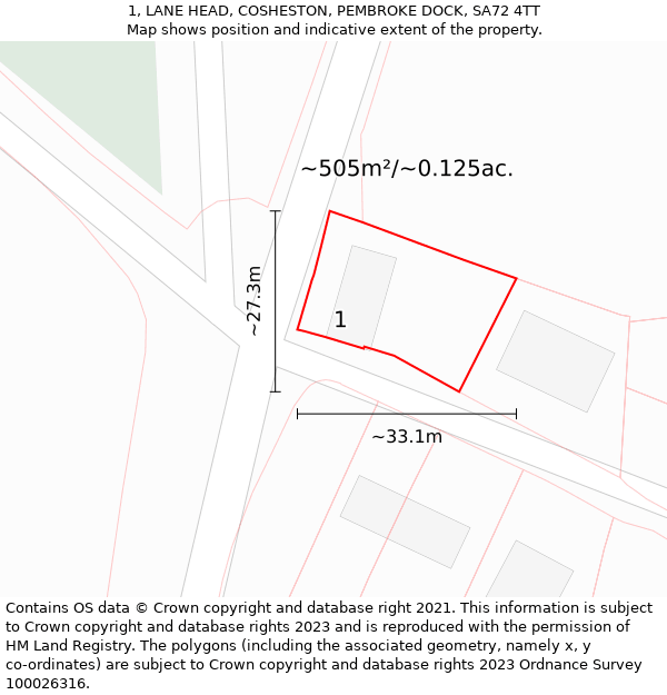 1, LANE HEAD, COSHESTON, PEMBROKE DOCK, SA72 4TT: Plot and title map