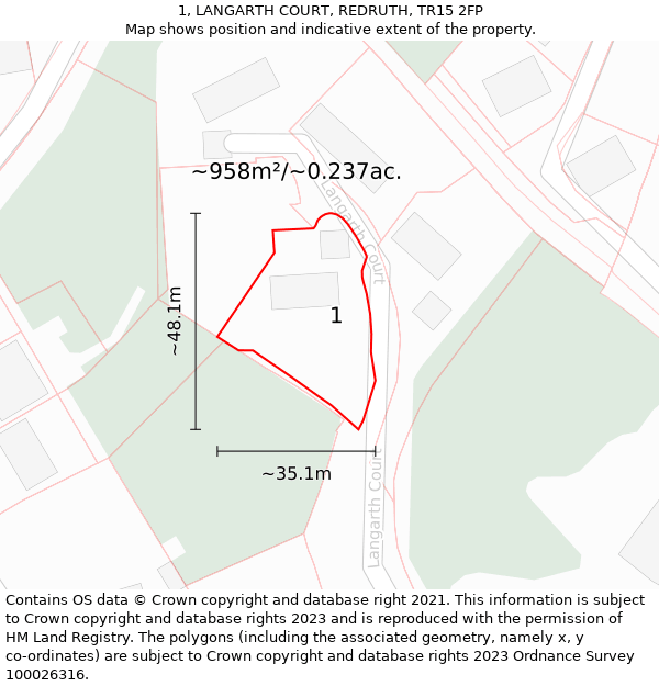 1, LANGARTH COURT, REDRUTH, TR15 2FP: Plot and title map