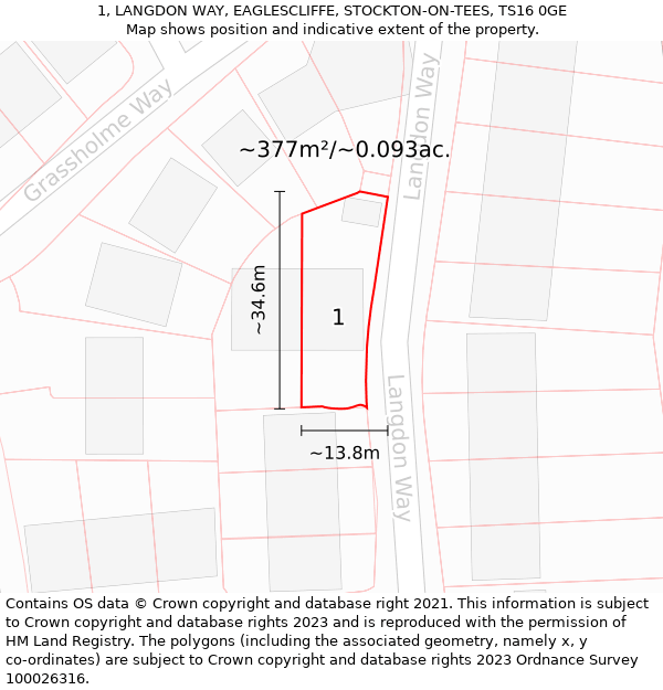 1, LANGDON WAY, EAGLESCLIFFE, STOCKTON-ON-TEES, TS16 0GE: Plot and title map