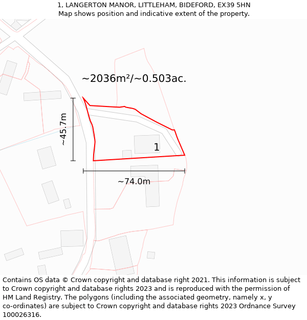 1, LANGERTON MANOR, LITTLEHAM, BIDEFORD, EX39 5HN: Plot and title map