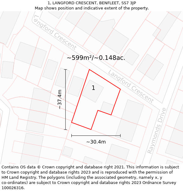 1, LANGFORD CRESCENT, BENFLEET, SS7 3JP: Plot and title map