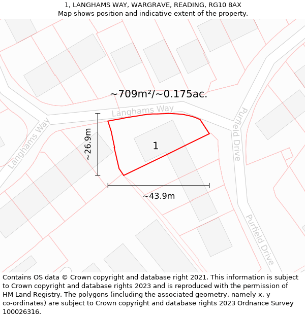 1, LANGHAMS WAY, WARGRAVE, READING, RG10 8AX: Plot and title map