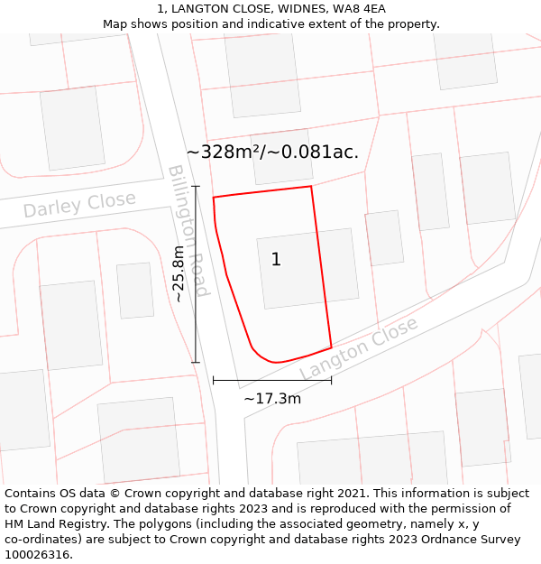 1, LANGTON CLOSE, WIDNES, WA8 4EA: Plot and title map