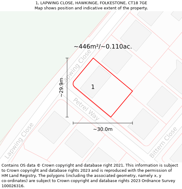 1, LAPWING CLOSE, HAWKINGE, FOLKESTONE, CT18 7GE: Plot and title map