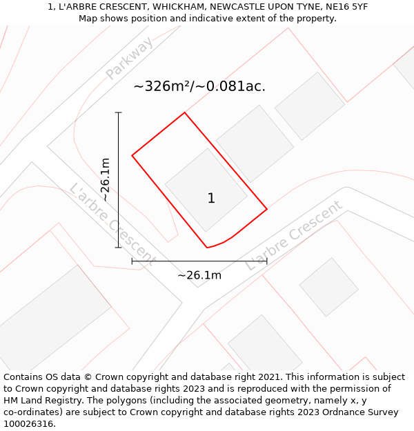 1, L'ARBRE CRESCENT, WHICKHAM, NEWCASTLE UPON TYNE, NE16 5YF: Plot and title map