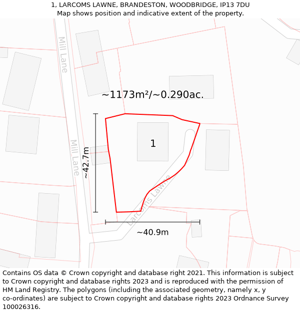 1, LARCOMS LAWNE, BRANDESTON, WOODBRIDGE, IP13 7DU: Plot and title map