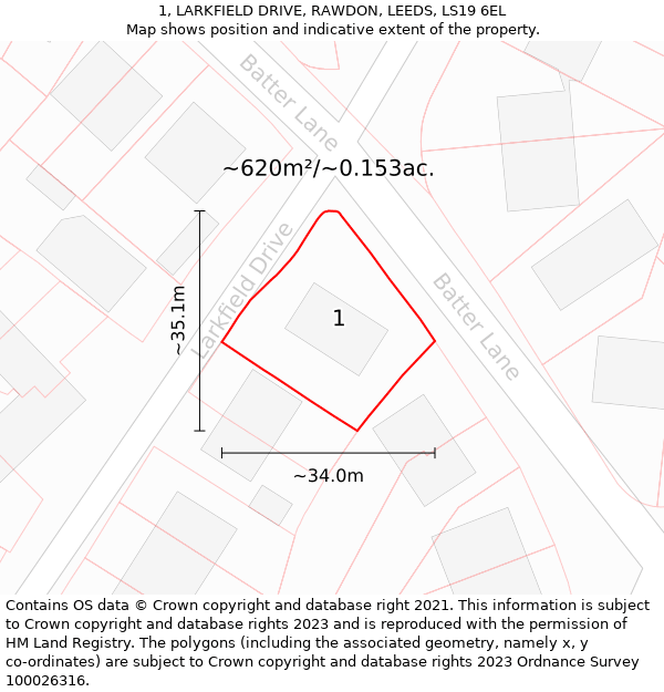 1, LARKFIELD DRIVE, RAWDON, LEEDS, LS19 6EL: Plot and title map