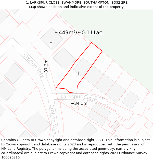 1, LARKSPUR CLOSE, SWANMORE, SOUTHAMPTON, SO32 2RE: Plot and title map