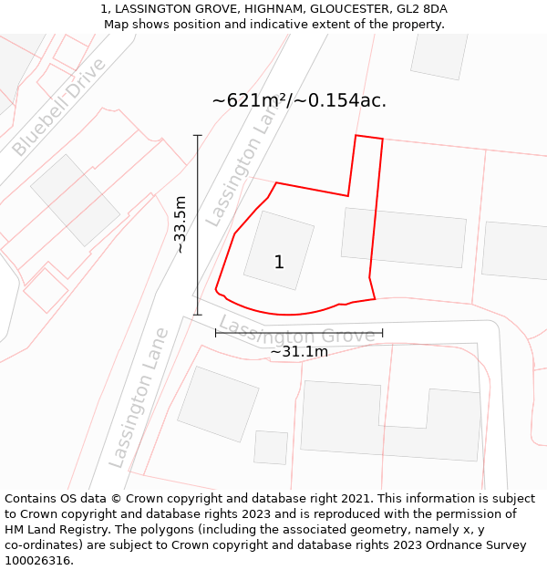 1, LASSINGTON GROVE, HIGHNAM, GLOUCESTER, GL2 8DA: Plot and title map