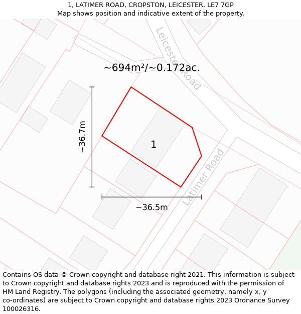 1, LATIMER ROAD, CROPSTON, LEICESTER, LE7 7GP: Plot and title map