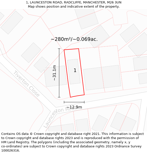 1, LAUNCESTON ROAD, RADCLIFFE, MANCHESTER, M26 3UN: Plot and title map