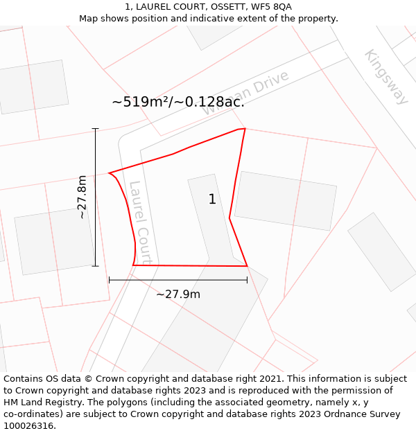 1, LAUREL COURT, OSSETT, WF5 8QA: Plot and title map