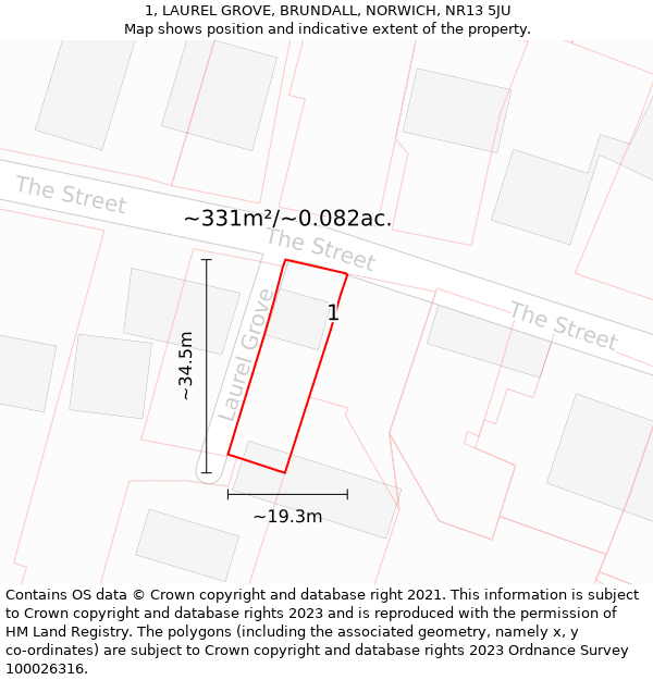 1, LAUREL GROVE, BRUNDALL, NORWICH, NR13 5JU: Plot and title map