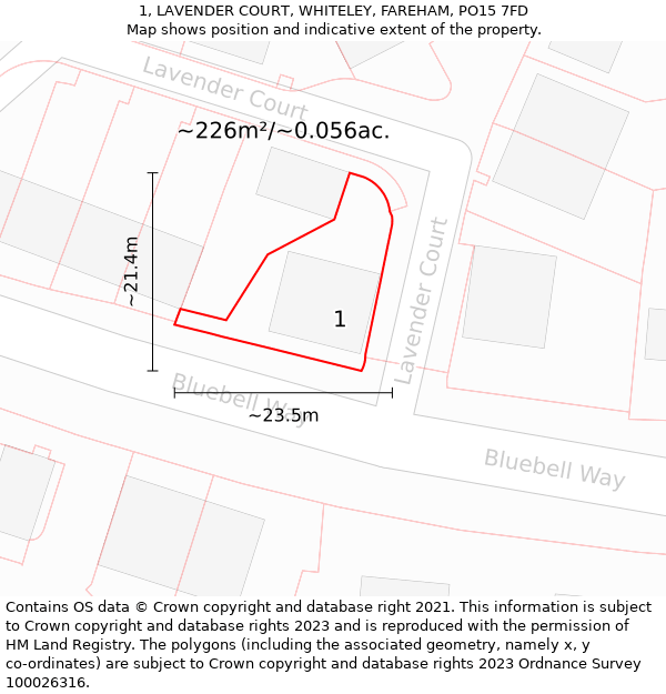 1, LAVENDER COURT, WHITELEY, FAREHAM, PO15 7FD: Plot and title map