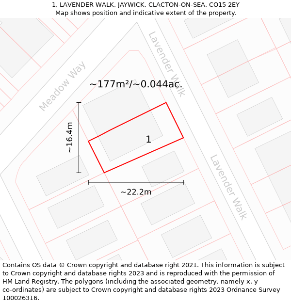 1, LAVENDER WALK, JAYWICK, CLACTON-ON-SEA, CO15 2EY: Plot and title map