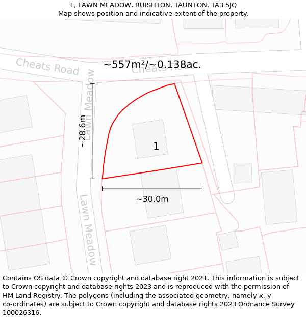 1, LAWN MEADOW, RUISHTON, TAUNTON, TA3 5JQ: Plot and title map