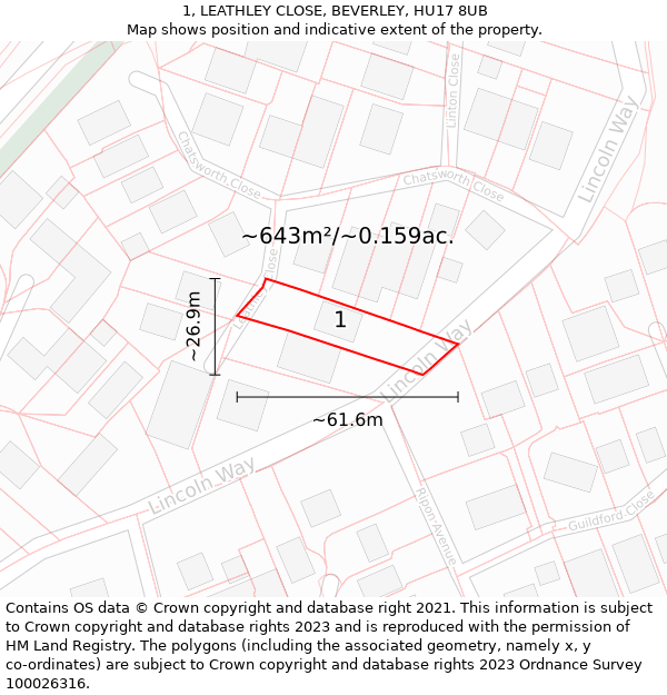 1, LEATHLEY CLOSE, BEVERLEY, HU17 8UB: Plot and title map