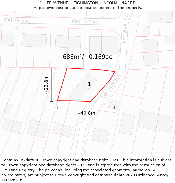 1, LEE AVENUE, HEIGHINGTON, LINCOLN, LN4 1RD: Plot and title map