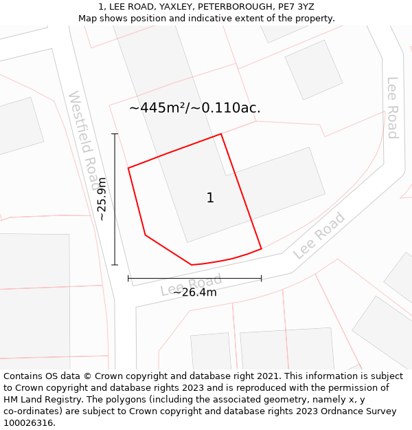 1, LEE ROAD, YAXLEY, PETERBOROUGH, PE7 3YZ: Plot and title map