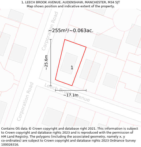 1, LEECH BROOK AVENUE, AUDENSHAW, MANCHESTER, M34 5JT: Plot and title map