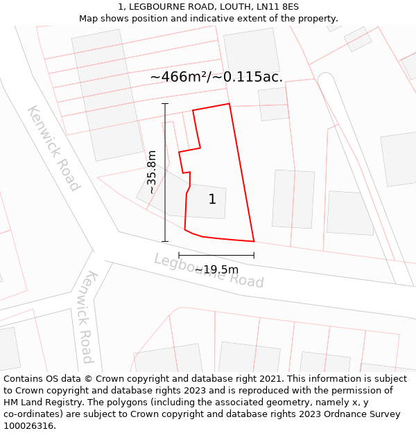 1, LEGBOURNE ROAD, LOUTH, LN11 8ES: Plot and title map
