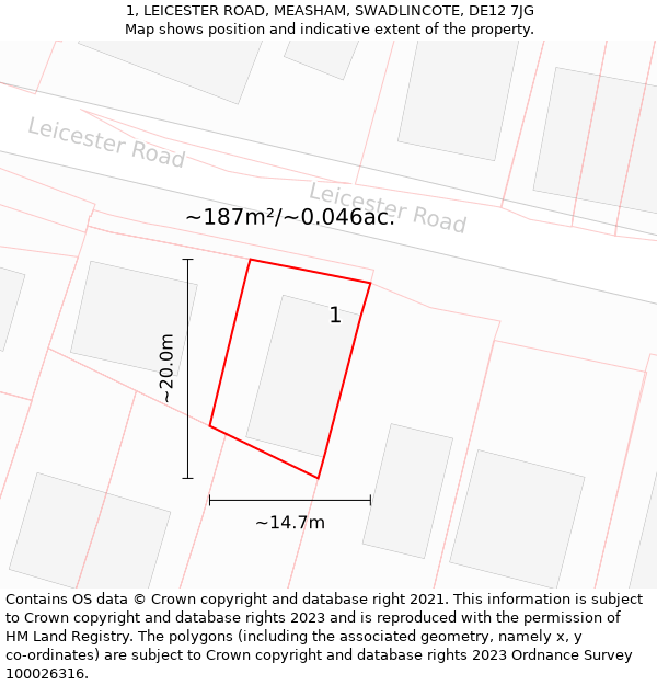 1, LEICESTER ROAD, MEASHAM, SWADLINCOTE, DE12 7JG: Plot and title map