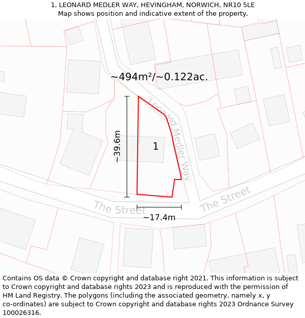 1, LEONARD MEDLER WAY, HEVINGHAM, NORWICH, NR10 5LE: Plot and title map