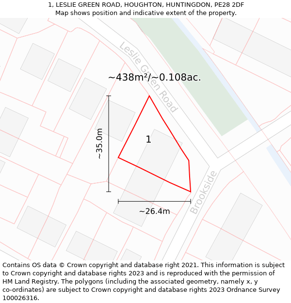 1, LESLIE GREEN ROAD, HOUGHTON, HUNTINGDON, PE28 2DF: Plot and title map