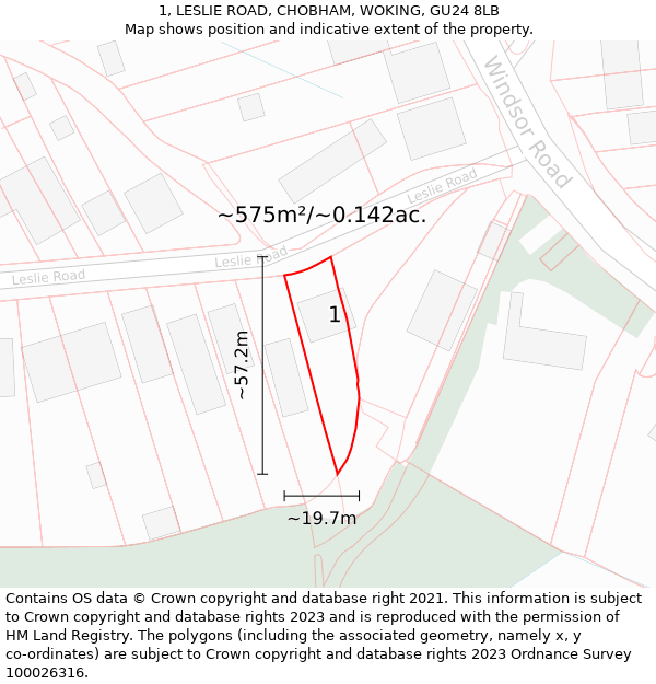 1, LESLIE ROAD, CHOBHAM, WOKING, GU24 8LB: Plot and title map