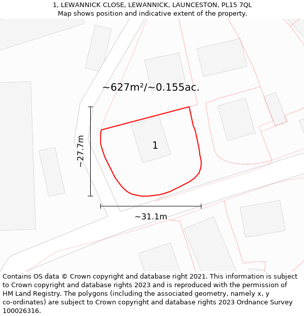 1, LEWANNICK CLOSE, LEWANNICK, LAUNCESTON, PL15 7QL: Plot and title map