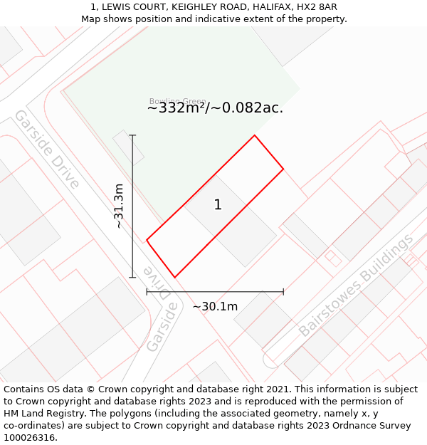 1, LEWIS COURT, KEIGHLEY ROAD, HALIFAX, HX2 8AR: Plot and title map