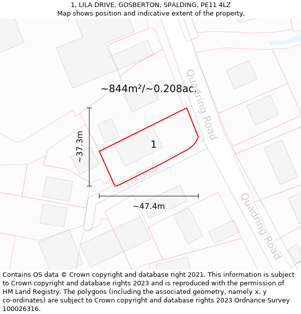 1, LILA DRIVE, GOSBERTON, SPALDING, PE11 4LZ: Plot and title map