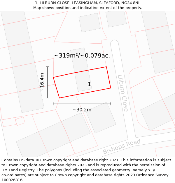 1, LILBURN CLOSE, LEASINGHAM, SLEAFORD, NG34 8NL: Plot and title map