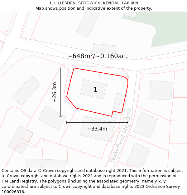 1, LILLESDEN, SEDGWICK, KENDAL, LA8 0LN: Plot and title map