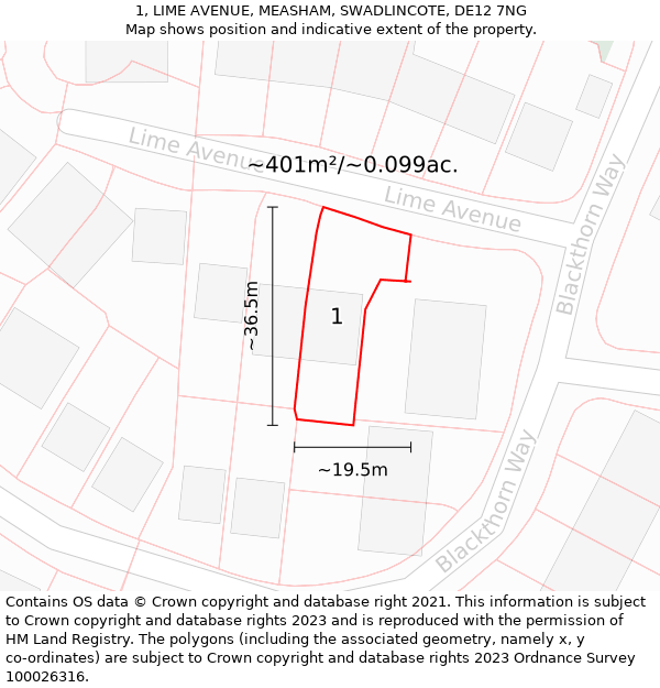 1, LIME AVENUE, MEASHAM, SWADLINCOTE, DE12 7NG: Plot and title map