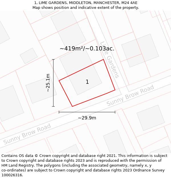 1, LIME GARDENS, MIDDLETON, MANCHESTER, M24 4AE: Plot and title map