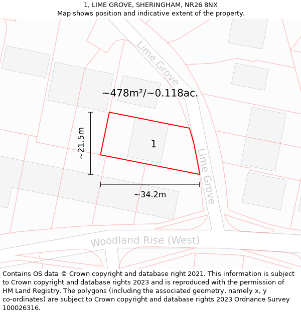 1, LIME GROVE, SHERINGHAM, NR26 8NX: Plot and title map