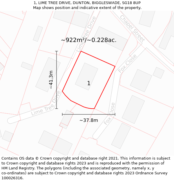 1, LIME TREE DRIVE, DUNTON, BIGGLESWADE, SG18 8UP: Plot and title map